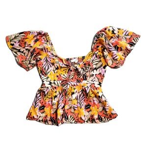 LOFT Tropical Flutter Bodice Tied‎ Top Size Medium Short Sleeve Floral Pattern
